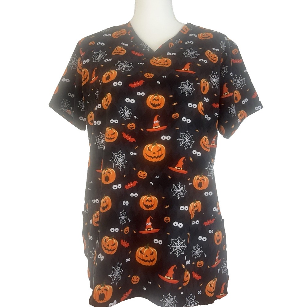 Scrub Medical Top Women's Halloween V-Neck Short Sleeve Multicolor Sz M
